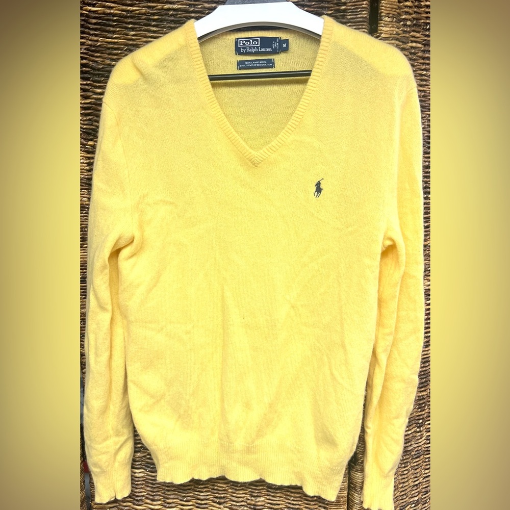Polo by Ralph Lauren - Mens Yellow V-Neck Lambswool Sweater, Logo left chest, M